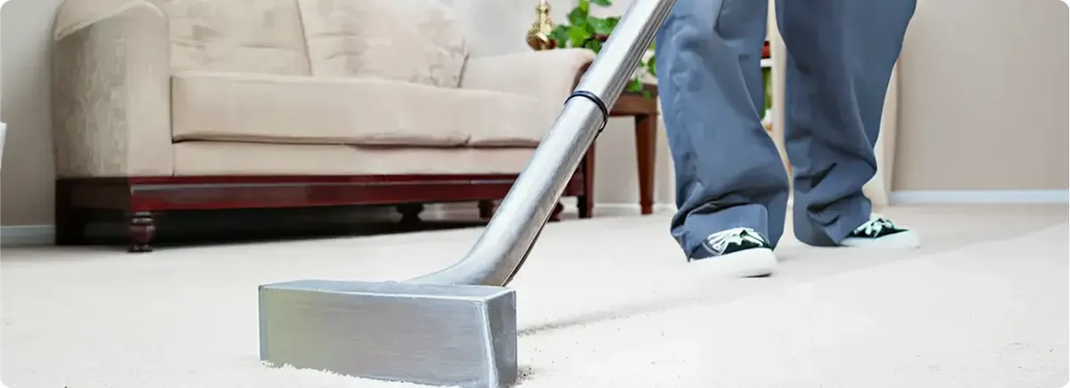 Carpet cleaning technician using a hot-water extraction wand on a light-colored carpet in a living room, Seattle, WA.